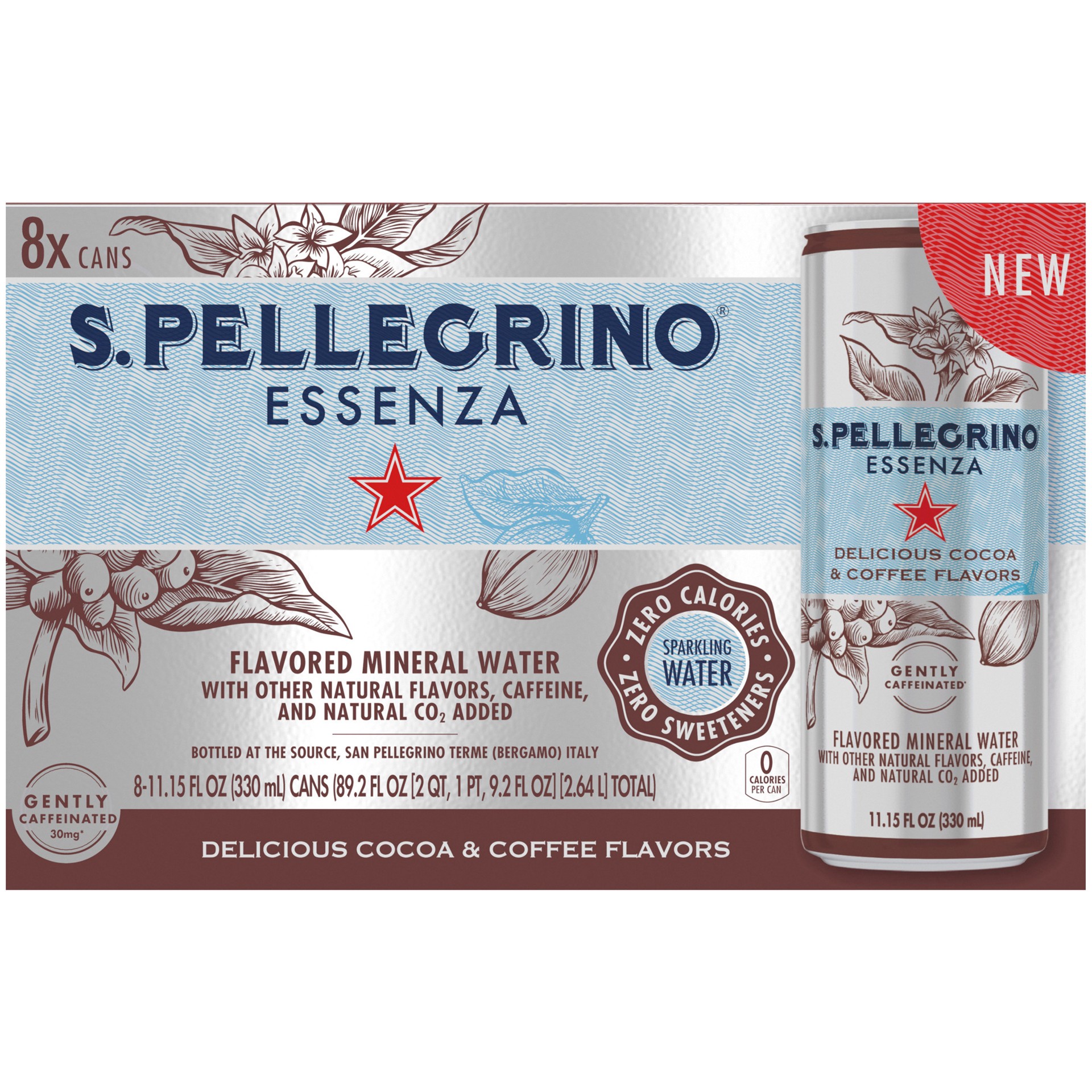 slide 1 of 8, S.Pellegrino Essenza Delicious Cocoa & Coffee Flavors, 11.15 fl oz. Cans (8 Pack), 89.2 oz