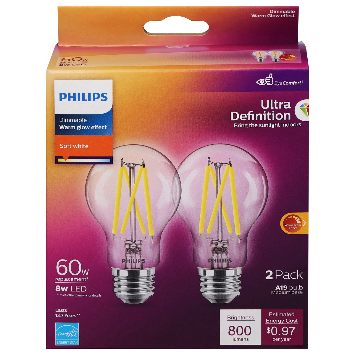 slide 8 of 12, Philips 8-Watt (60-Watt) A19 Led Light Bulbs, 2 ct