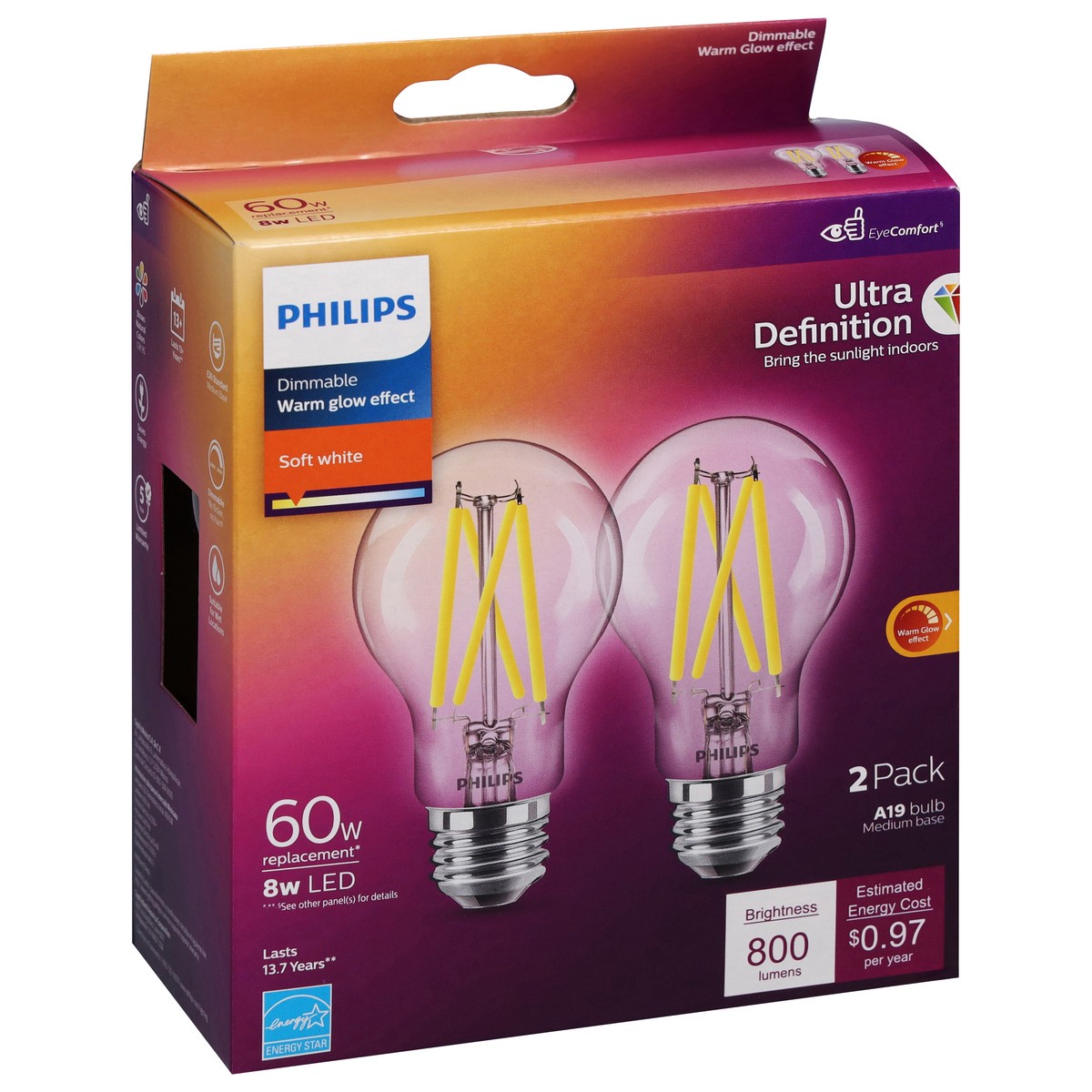 slide 3 of 12, Philips 8-Watt (60-Watt) A19 Led Light Bulbs, 2 ct