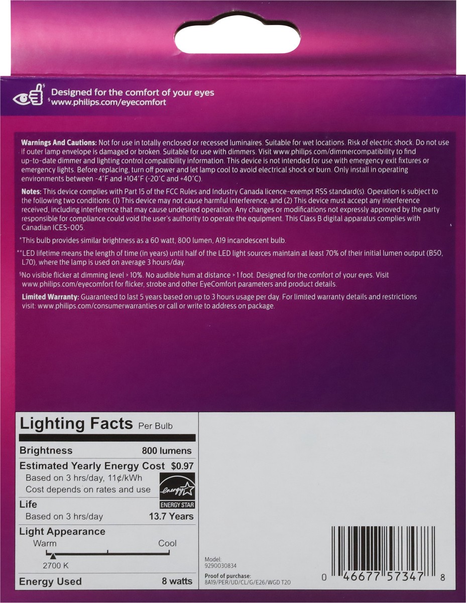 slide 9 of 12, Philips 8-Watt (60-Watt) A19 Led Light Bulbs, 2 ct
