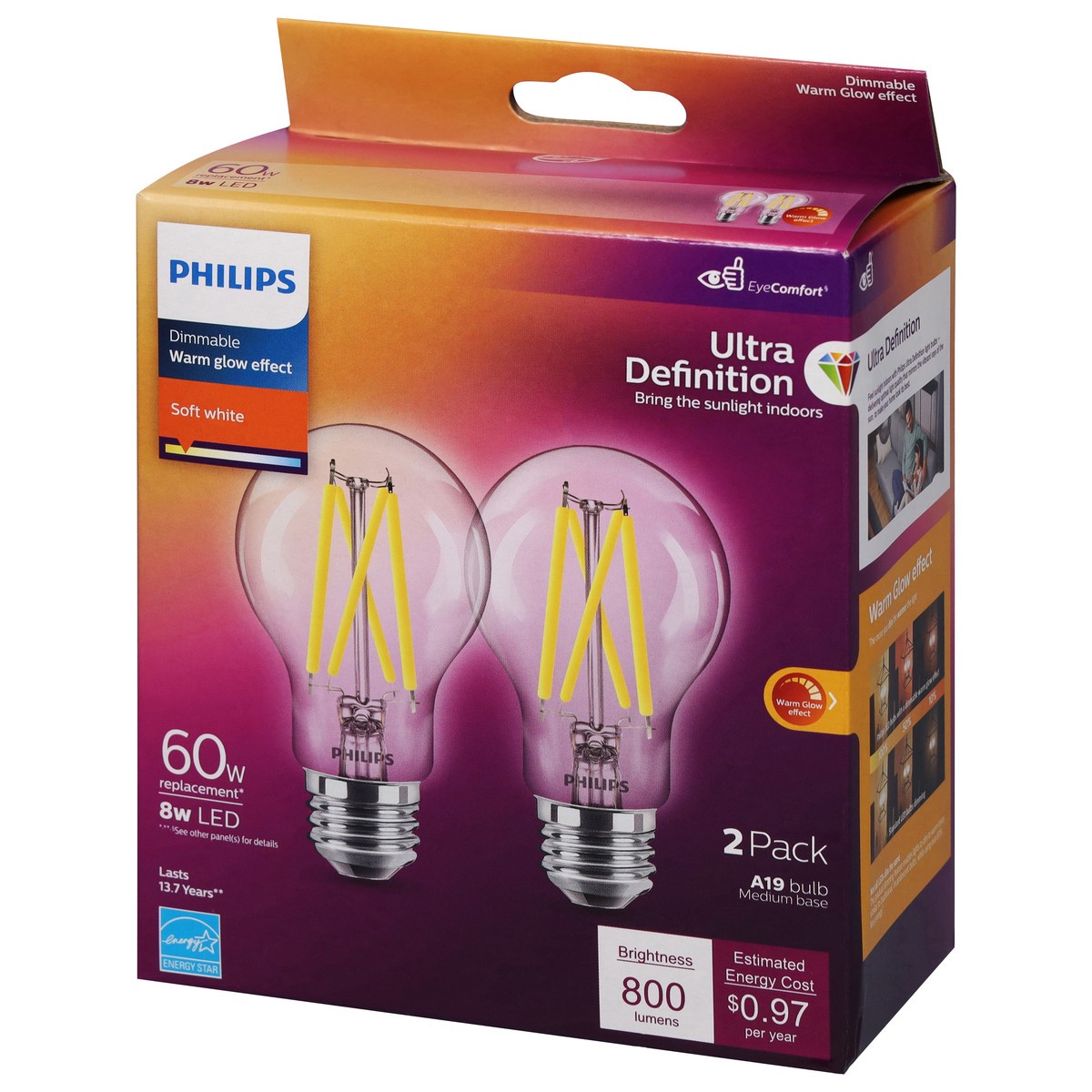 slide 4 of 12, Philips 8-Watt (60-Watt) A19 Led Light Bulbs, 2 ct
