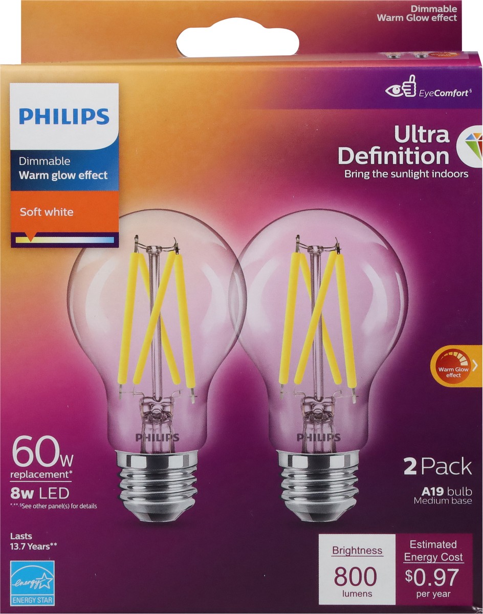 slide 7 of 12, Philips 8-Watt (60-Watt) A19 Led Light Bulbs, 2 ct