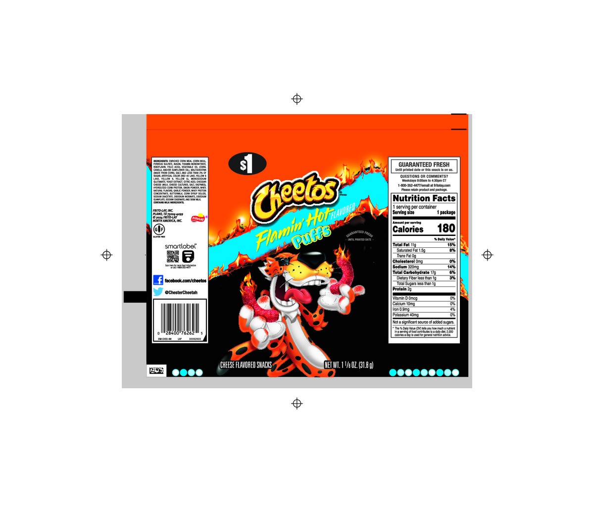 slide 6 of 6, Cheetos Puffs Cheese Flavored Snacks Flamin' Hot Flavored 1 1/8 Oz, 1.125 oz