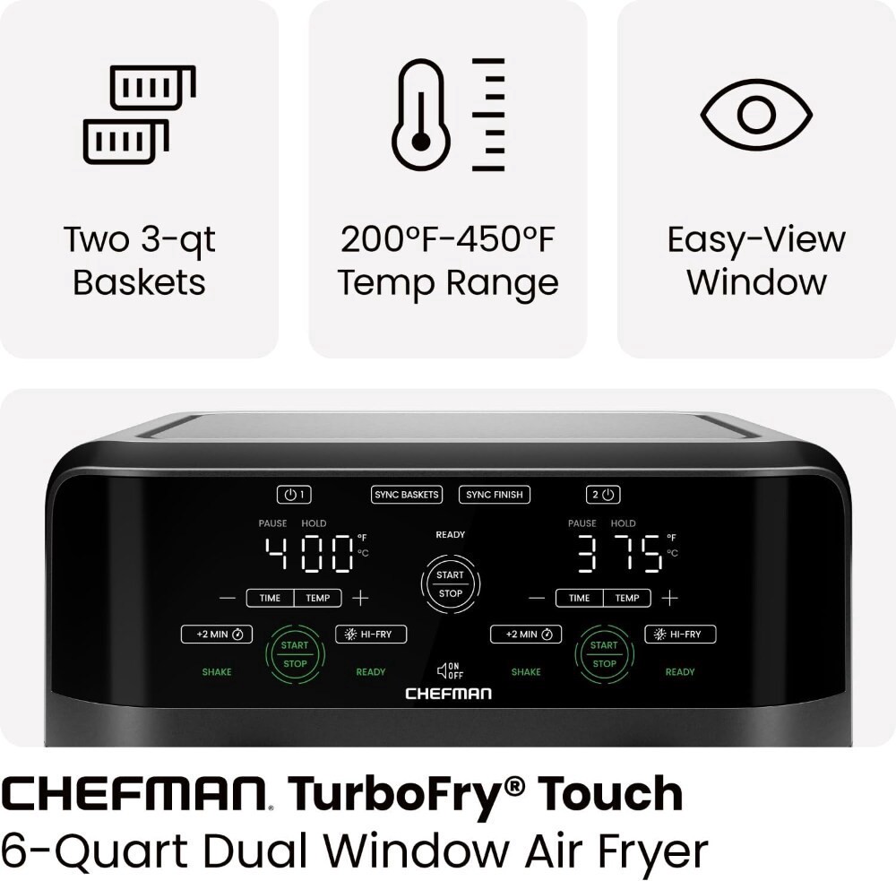 slide 3 of 6, Chefman Dual Basket Digital Air Fryer w/ Easy View Windows, Independent 3 Qt Baskets - Black, 6 qt