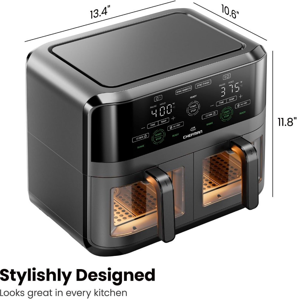 slide 2 of 6, Chefman Dual Basket Digital Air Fryer w/ Easy View Windows, Independent 3 Qt Baskets - Black, 6 qt