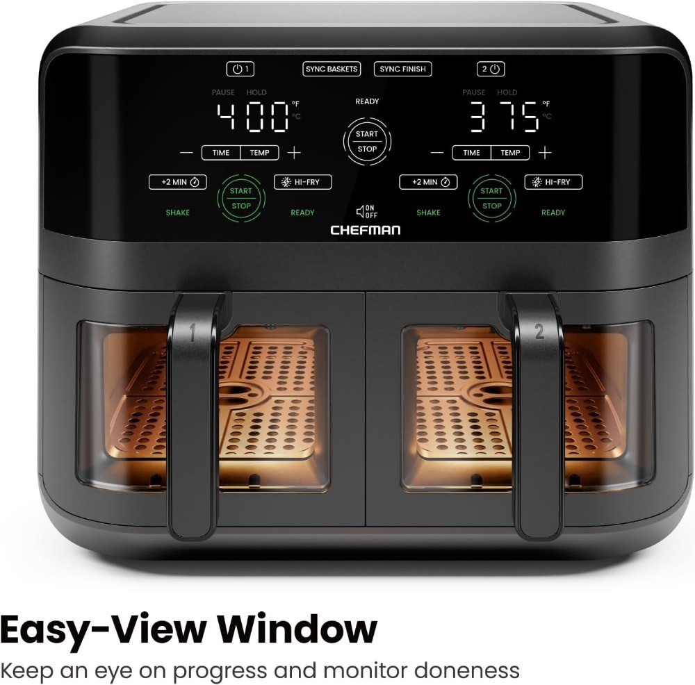slide 4 of 6, Chefman Dual Basket Digital Air Fryer w/ Easy View Windows, Independent 3 Qt Baskets - Black, 6 qt