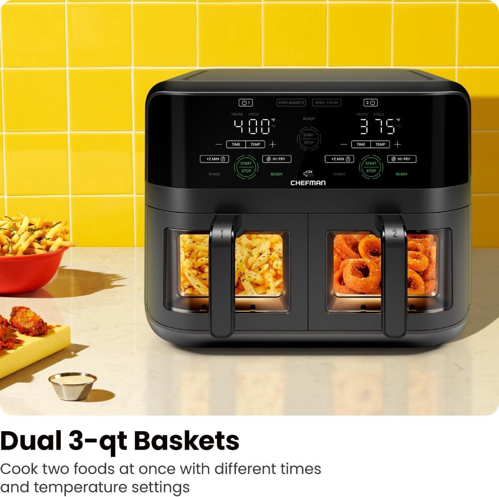 slide 5 of 6, Chefman Dual Basket Digital Air Fryer w/ Easy View Windows, Independent 3 Qt Baskets - Black, 6 qt