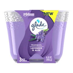 Glade Candle Tranquil Lavender & Aloe Scent, 3-Wick, 6.8 oz (193 g), 1 Count, Fragrance Infused with Essential Oils, Notes of French Lavender, Aloe, Violet Petals, Lead-Free Wick Scented Candles