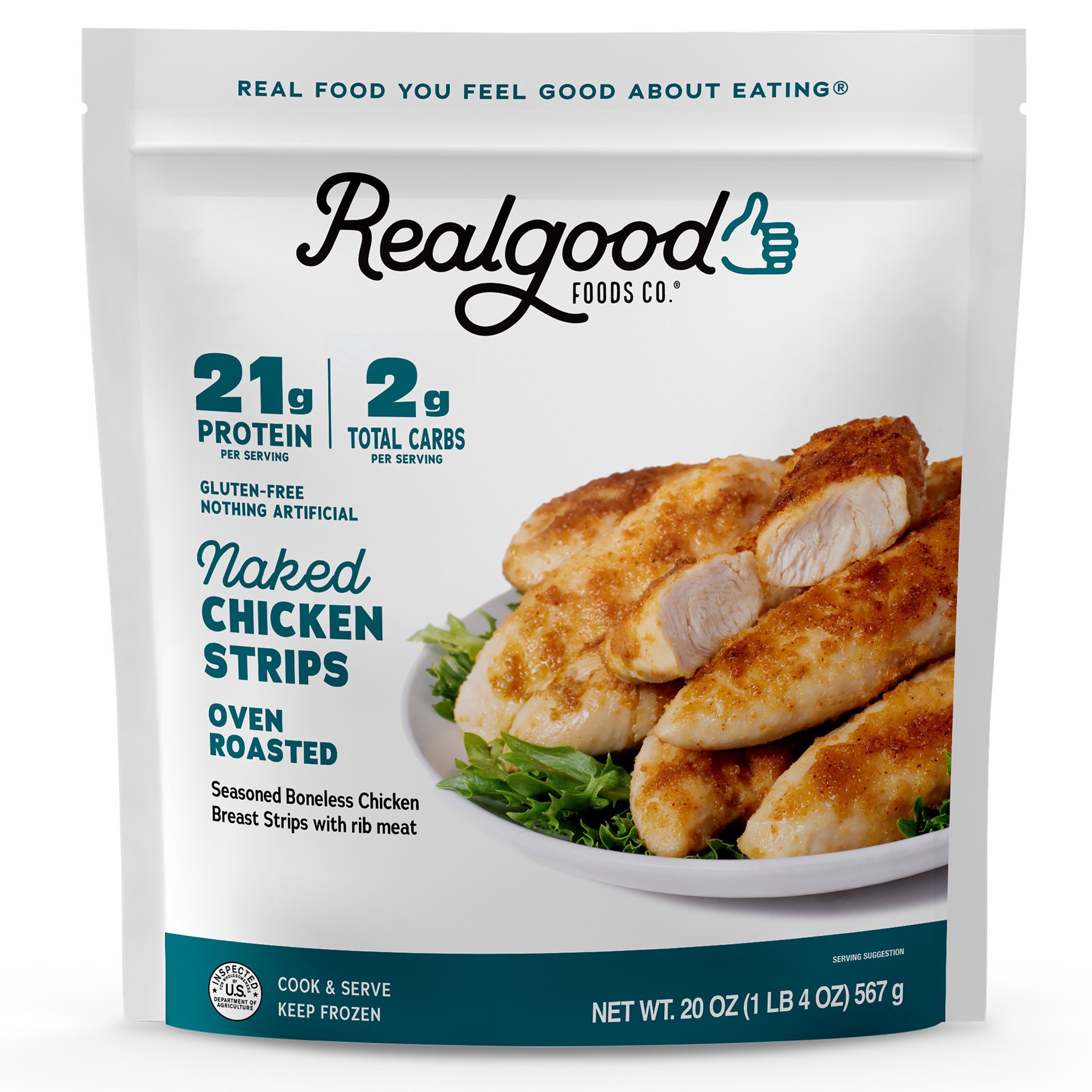 slide 1 of 1, Realgood Foods Co. Frozen Gluten-Free Oven Roasted Seasoned Chicken Strips, 20 oz