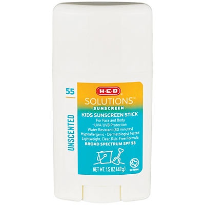 slide 1 of 1, H-E-B Solutions Kids Unscented&nbsp;SPF 55 Sunscreen Stick, 1.5 oz