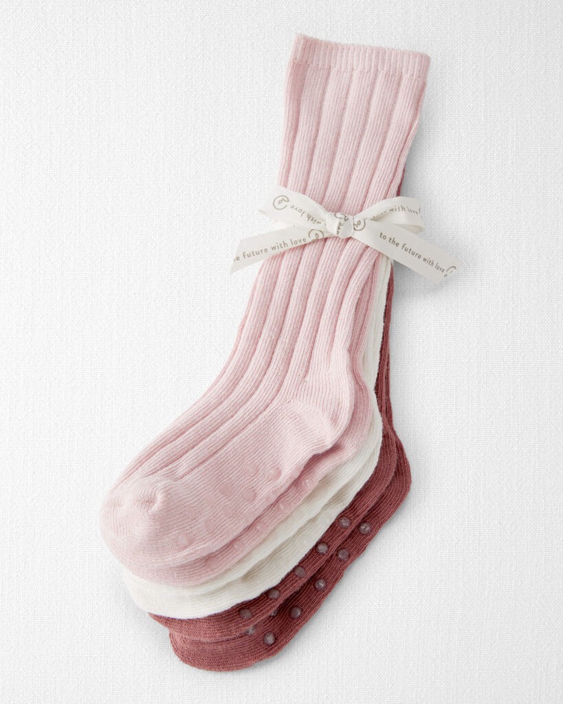 slide 2 of 2, Littleplanet Toddler Girl 3-Pack Knee-High No-Slip Socks Made with Organic Cotton Perfect Pink, Sweet Cream, Mojave Red 2T4T, 1 ct