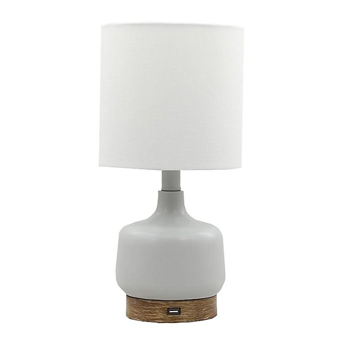 slide 1 of 4, Designs Direct Direct Designs Grey Resin Table Lamp with USB and Linen Shade, 14.5 in