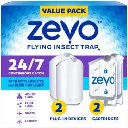 Zevo Flying Insect Indoor Fly Trap: Easy, Mess-Free Solution - Light Trap Catches & Kills House Flies, Fruit Flies, Gnats, & More (2 Plug in Devices & 2 Refill Cartridges)
