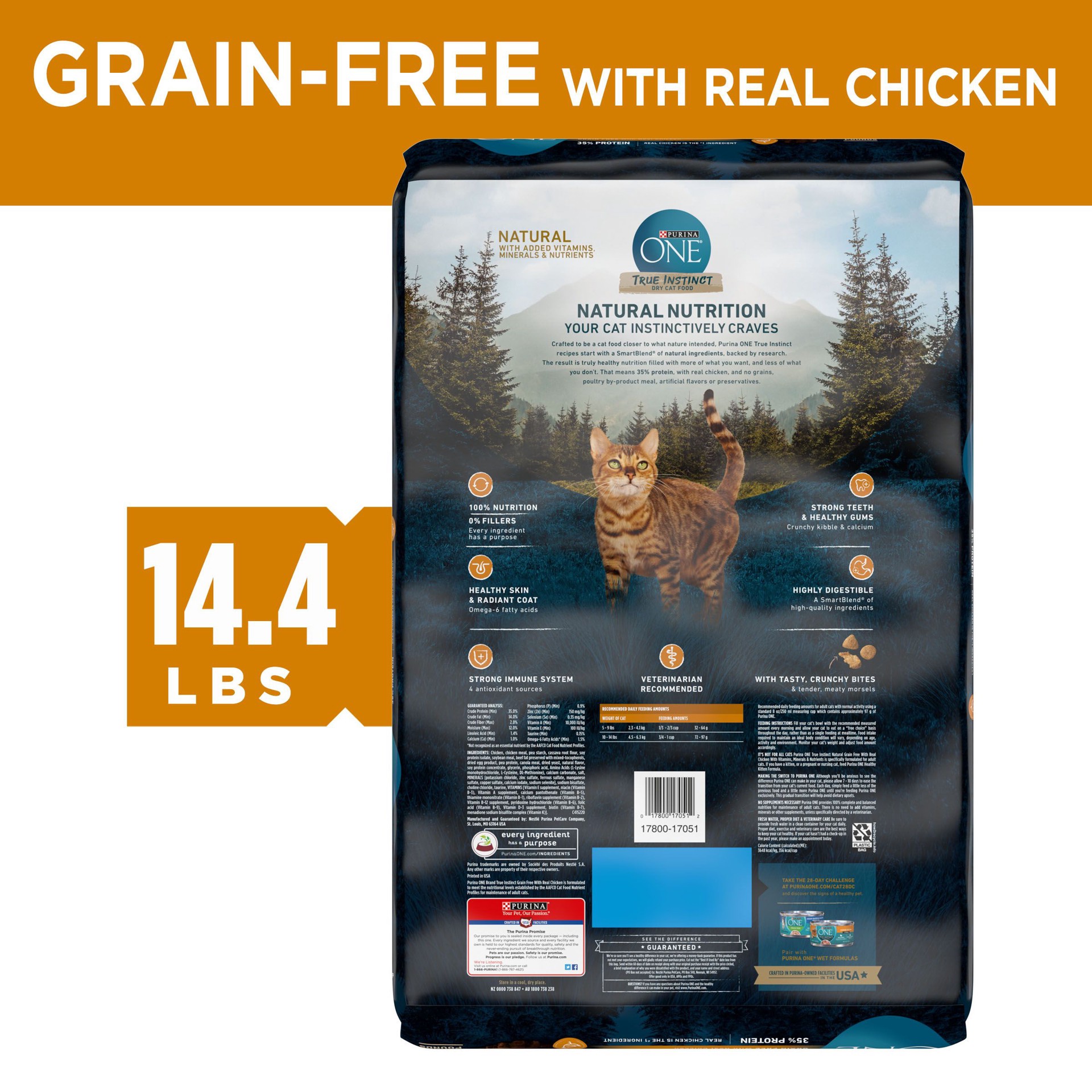 slide 3 of 8, ONE Purina ONE Natural, High Protein, Grain Free Dry Cat Food, True Instinct With Real Chicken, 14.4 lb