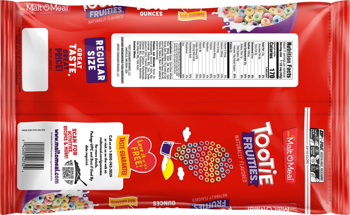 slide 7 of 11, Malt-O-Meal Tootie Fruities Cereal, Fruity Breakfast Cereal, 16.2 OZ Bag, 16.2 oz