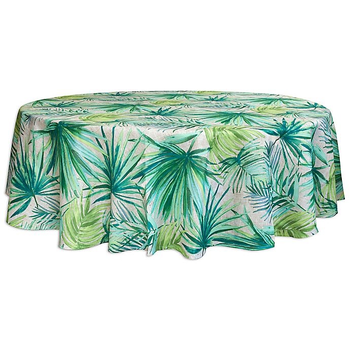 slide 1 of 3, Destination Summer Palm Garden Round Indoor/Outdoor Tablecloth with Umbrella Hole, 70 in