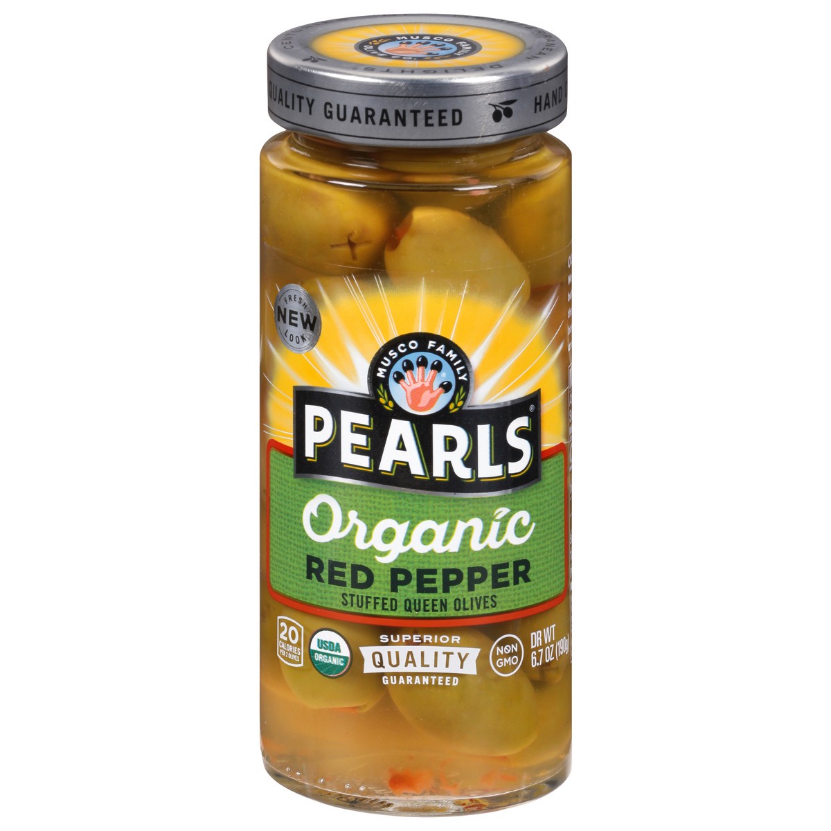 slide 1 of 12, Pearls Organic Stuffed Queen Red Pepper Olives 6.7 oz, 6.7 oz