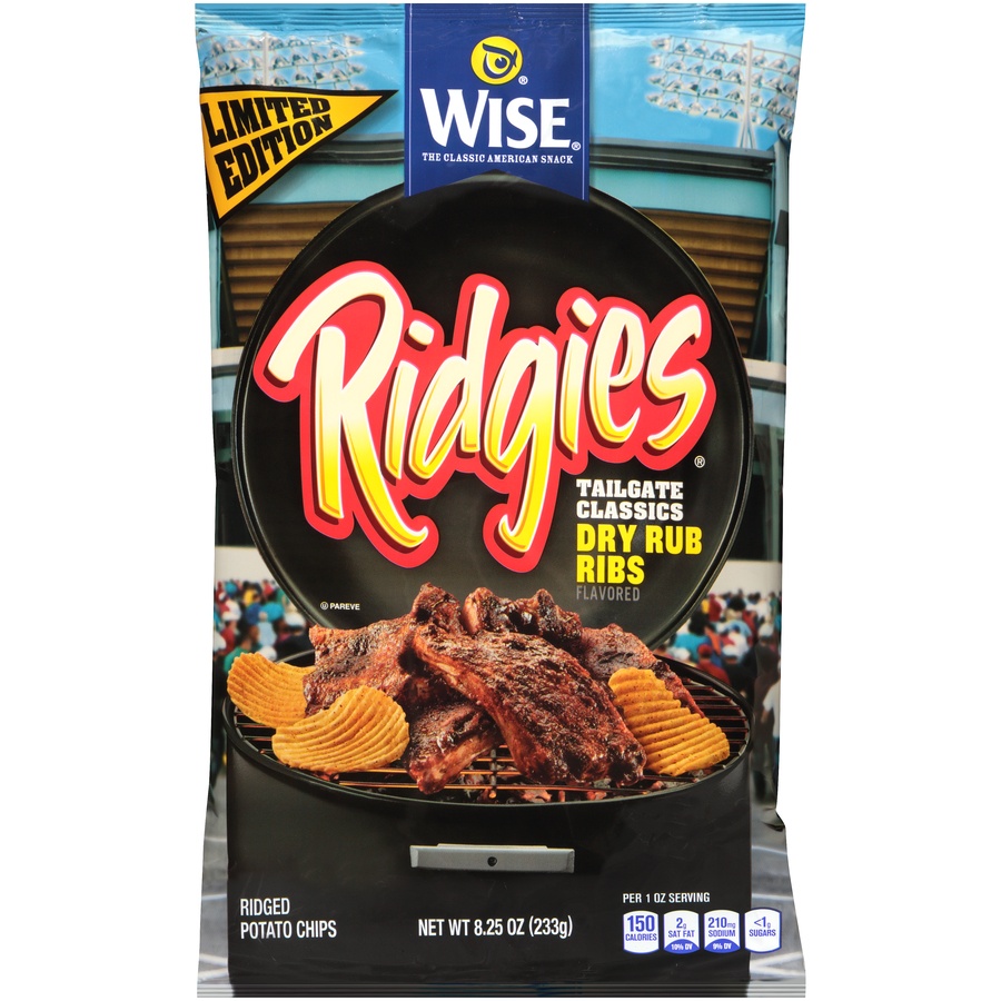 slide 1 of 6, Wise Ridgies Tailgate Dry Rub Ribs Flavored Potato Chips, 8.25 oz