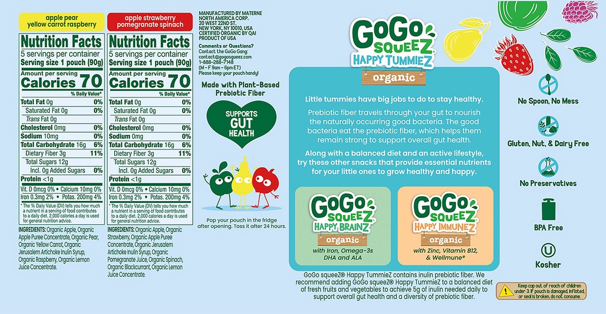 slide 6 of 7, GoGo SqueeZ Happy TummieZ Organic Apple Strawberry Pomegranate Spinach Snack Pouch, 10 ct