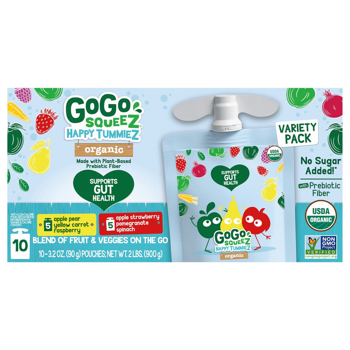 slide 1 of 7, GoGo SqueeZ Happy TummieZ Organic Apple Strawberry Pomegranate Spinach Snack Pouch, 10 ct