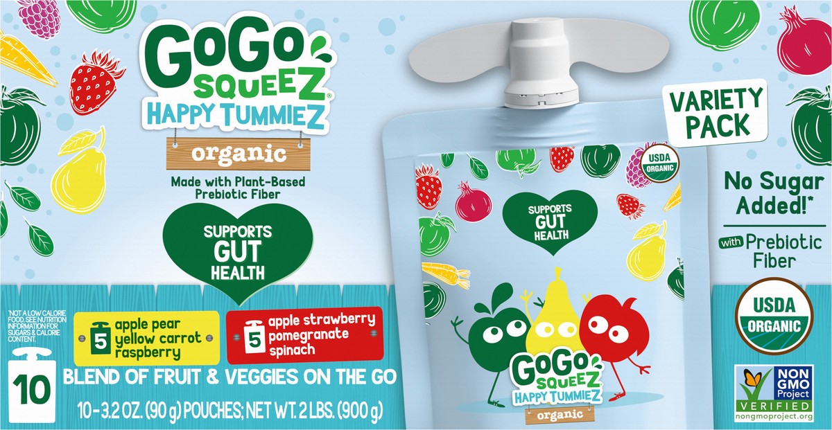 slide 4 of 7, GoGo SqueeZ Happy TummieZ Organic Apple Strawberry Pomegranate Spinach Snack Pouch, 10 ct