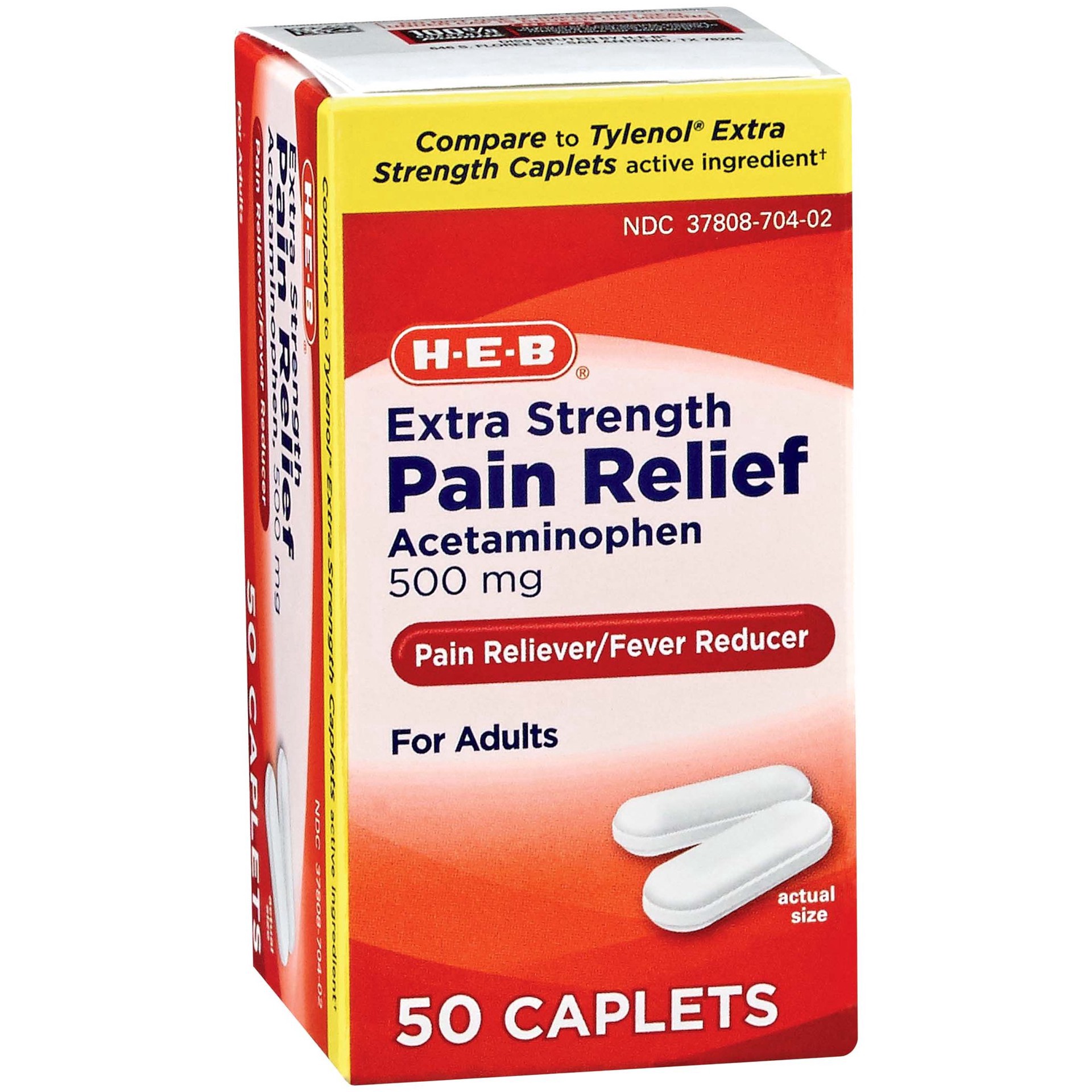 slide 1 of 1, H-E-B Pain Relief Extra Strength 500 Mg Acetaminophen Caplets, 50 ct