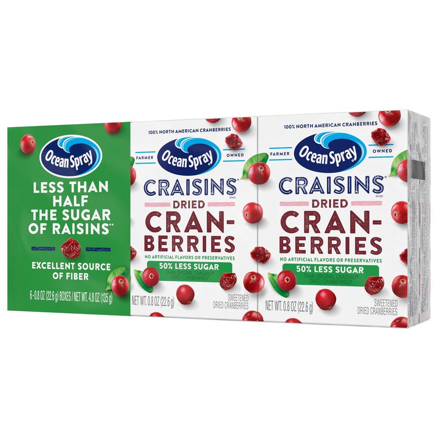 slide 1 of 1, Ocean Spray Craisins, 50% Less Sugar Dried Cranberries, Dried Fruit, 8 Oz Pouches, 6 Count, 6 oz