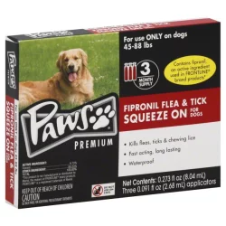 Paws Happy Life Fipronil Flea & Tick Squeeze On For Dogs 45-88LB 3 Month Supply