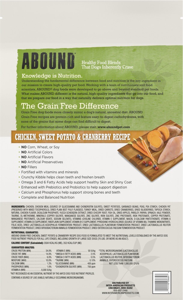 slide 4 of 6, Abound Grain Free Chicken Sweet Potato Cranberry Recipe Adult Dry Dog Food, 14 lb