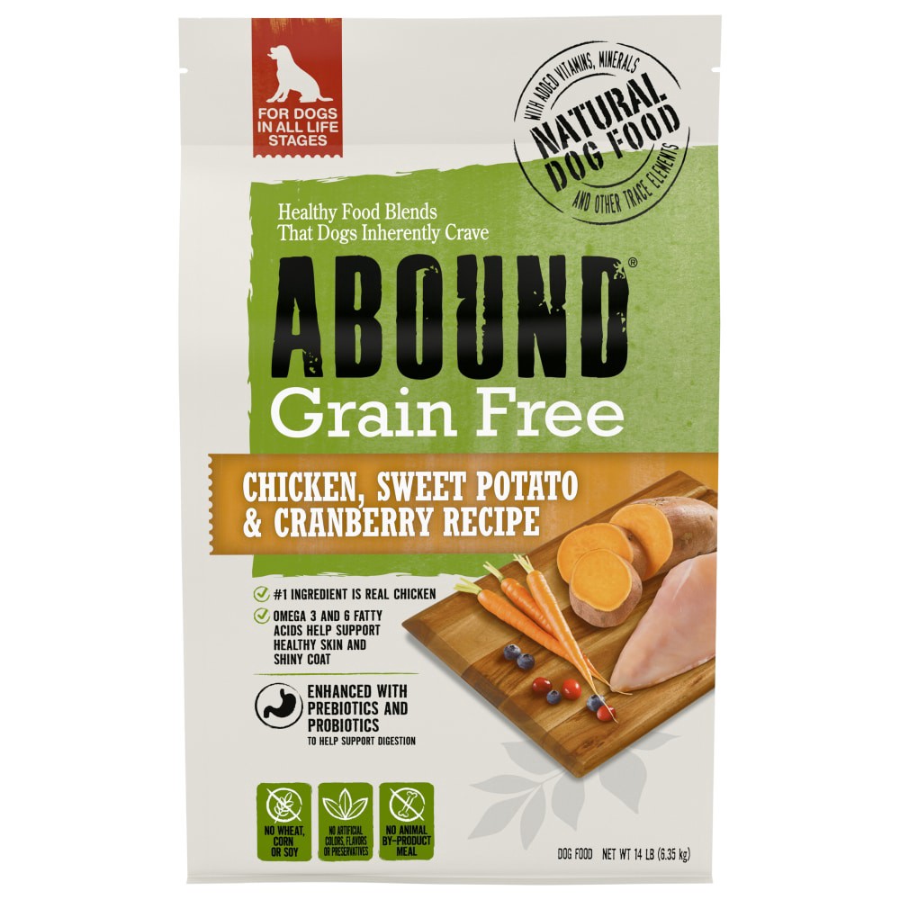 slide 1 of 6, Abound Grain Free Chicken Sweet Potato Cranberry Recipe Adult Dry Dog Food, 14 lb