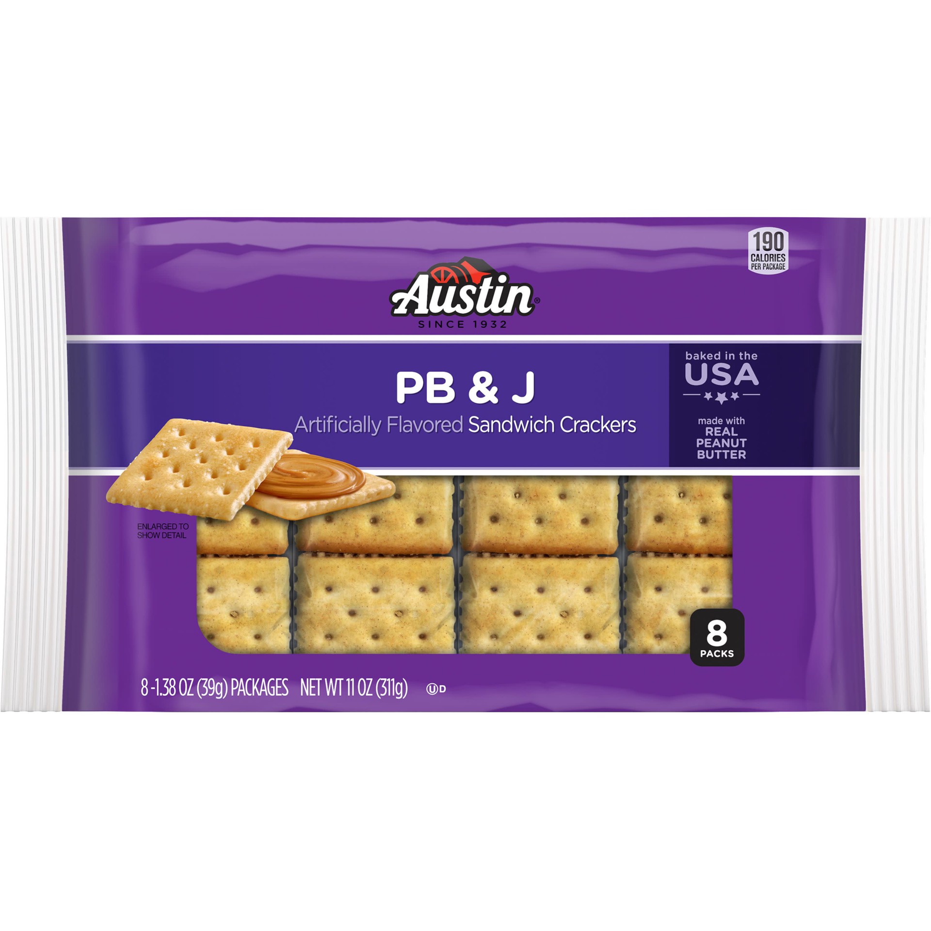 slide 1 of 5, Austin Sandwich Crackers, PB and J, 11 oz, 8 Count, 11 oz