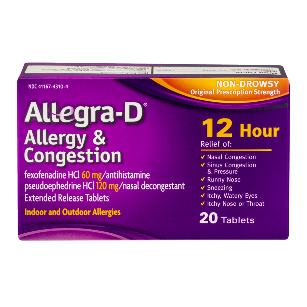 slide 1 of 1, Allegra 12 Hour Non-Drowsy Allergy Congestion Extended Release Tablets, 20 ct