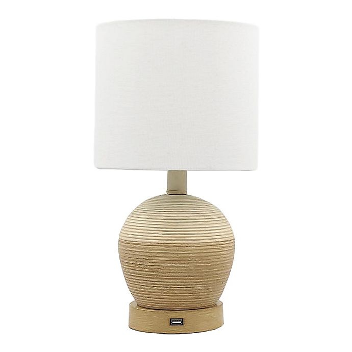 slide 1 of 1, Designs Direct Carved Resin Table Lamp - Brown with USB and Fabric Shade, 14.5 in