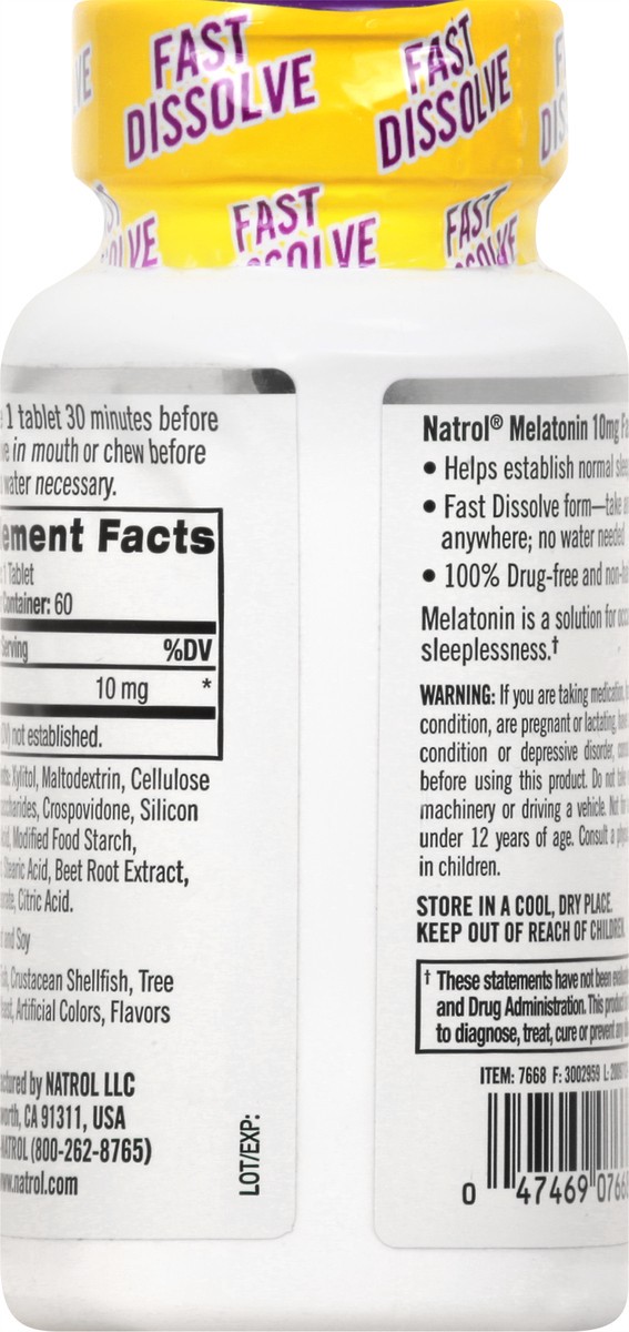 slide 2 of 9, Natrol Fast Dissolve Melatonin 10 mg, Melatonin Supplements for Restful Sleep, Sleep Support for Adults, 60 Citrus-Flavored Tablets, Up to a 60 Day Supply, 60 ct