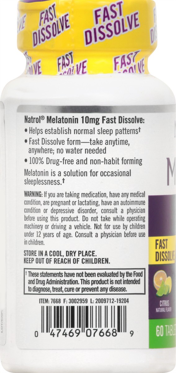slide 8 of 9, Natrol Fast Dissolve Melatonin 10 mg, Melatonin Supplements for Restful Sleep, Sleep Support for Adults, 60 Citrus-Flavored Tablets, Up to a 60 Day Supply, 60 ct