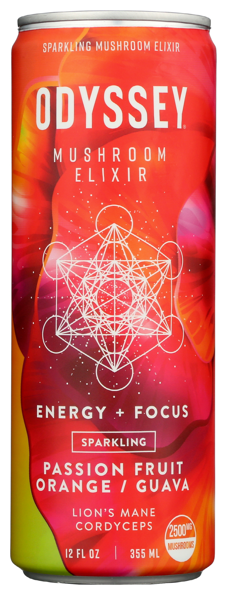 slide 1 of 7, Odyssey Energy + Focus Sparkling Passion Fruit Orange/Guava Mushroom Elixir 12 fl oz, 1 ct
