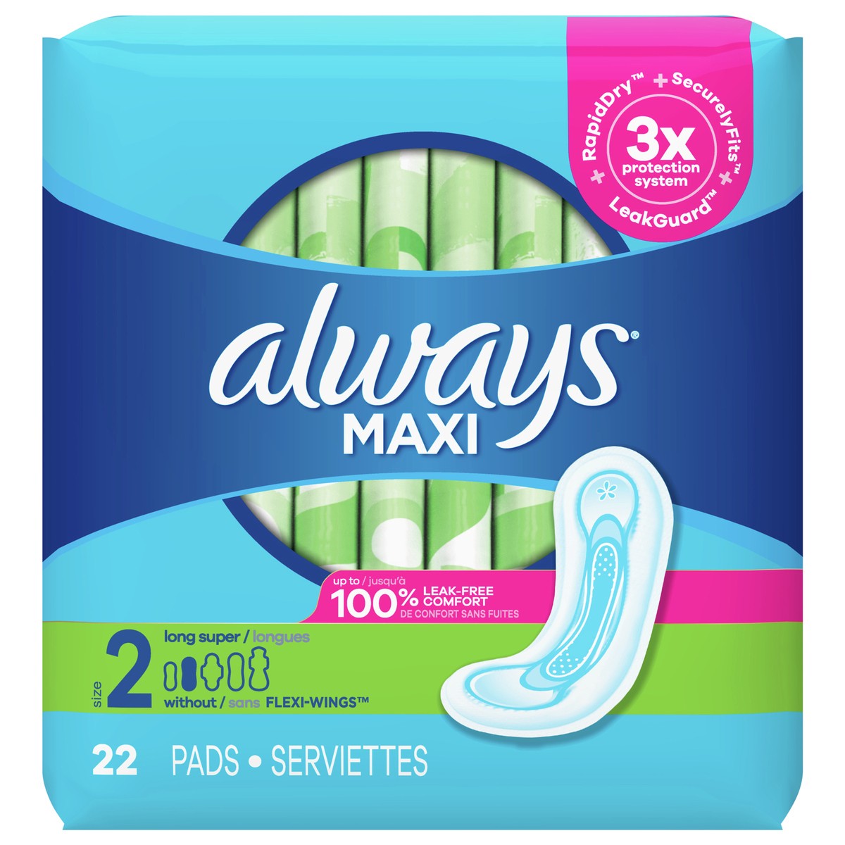 slide 6 of 6, Always Maxi Daytime Pads without Wings, Size 2, Regular, Unscented, 22 CT, 22 ct