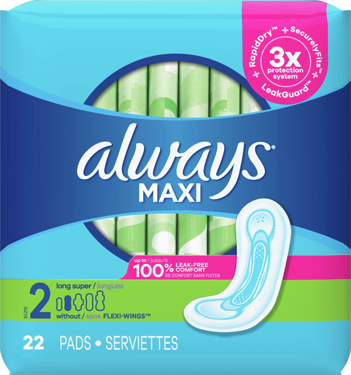 slide 5 of 6, Always Maxi Daytime Pads without Wings, Size 2, Regular, Unscented, 22 CT, 22 ct