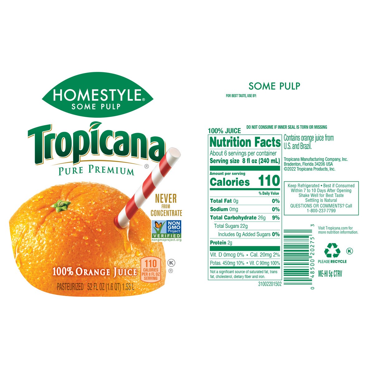 slide 7 of 14, Tropicana Pure Premium Non GMO Orange Fruit Juice, , Bottle - 52 fl oz, 59 oz
