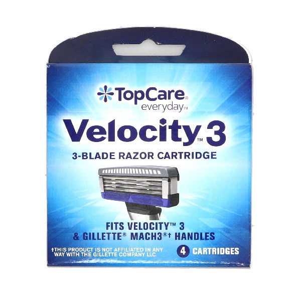 slide 1 of 9, TopCare Cartridges, 3-Blade Razor, Velocity 3, 4 ct