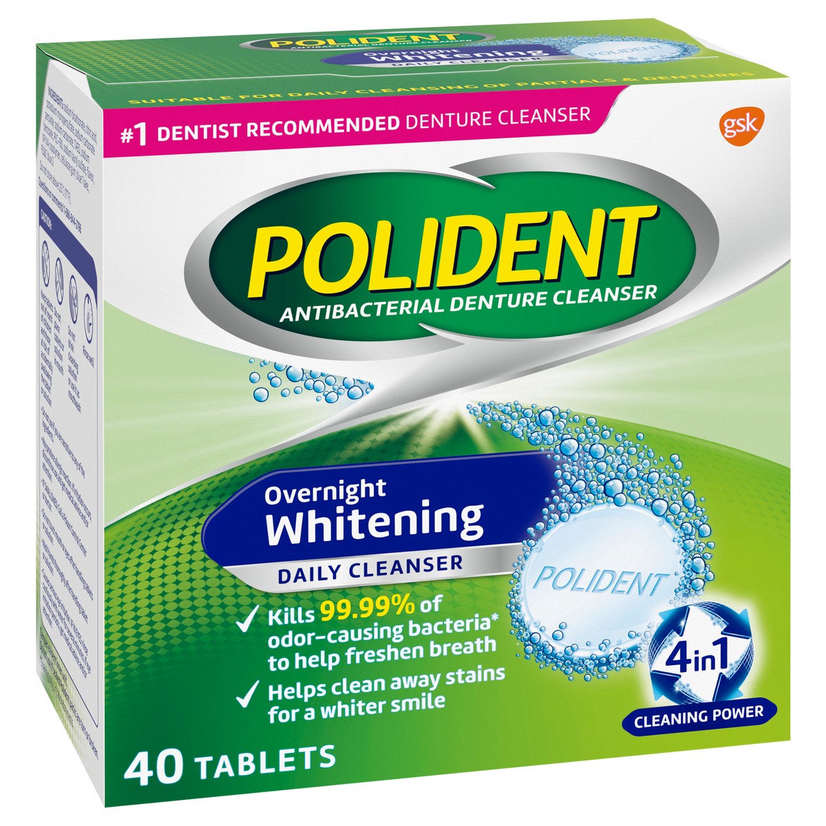 slide 2 of 10, Polident Overnight Whitening Antibacterial Denture Cleanser Effervescent Tablets, 40 count, 40 ct