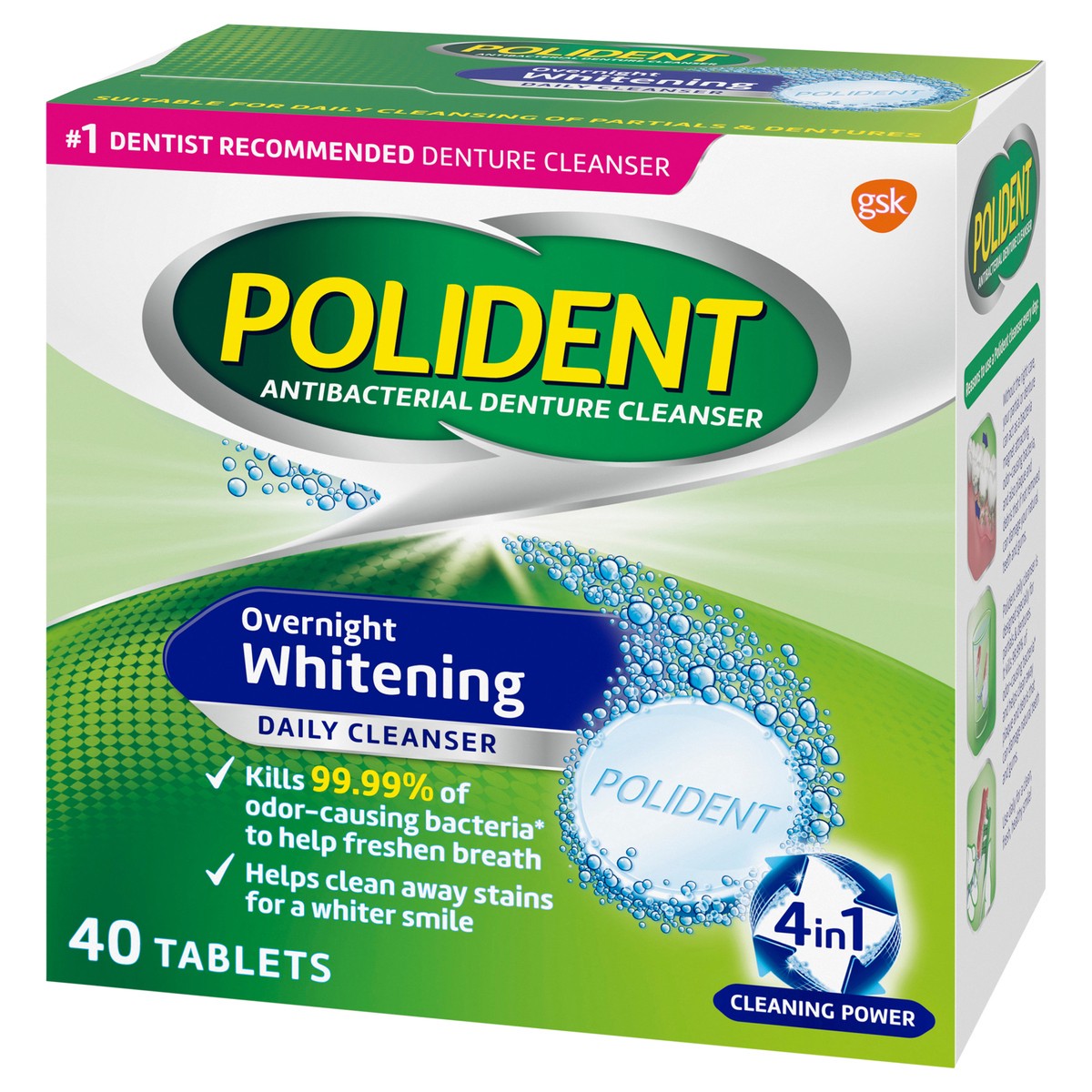 slide 3 of 10, Polident Overnight Whitening Antibacterial Denture Cleanser Effervescent Tablets, 40 count, 40 ct