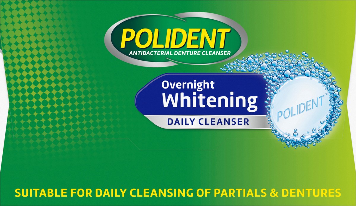 slide 8 of 10, Polident Overnight Whitening Antibacterial Denture Cleanser Effervescent Tablets, 40 count, 40 ct