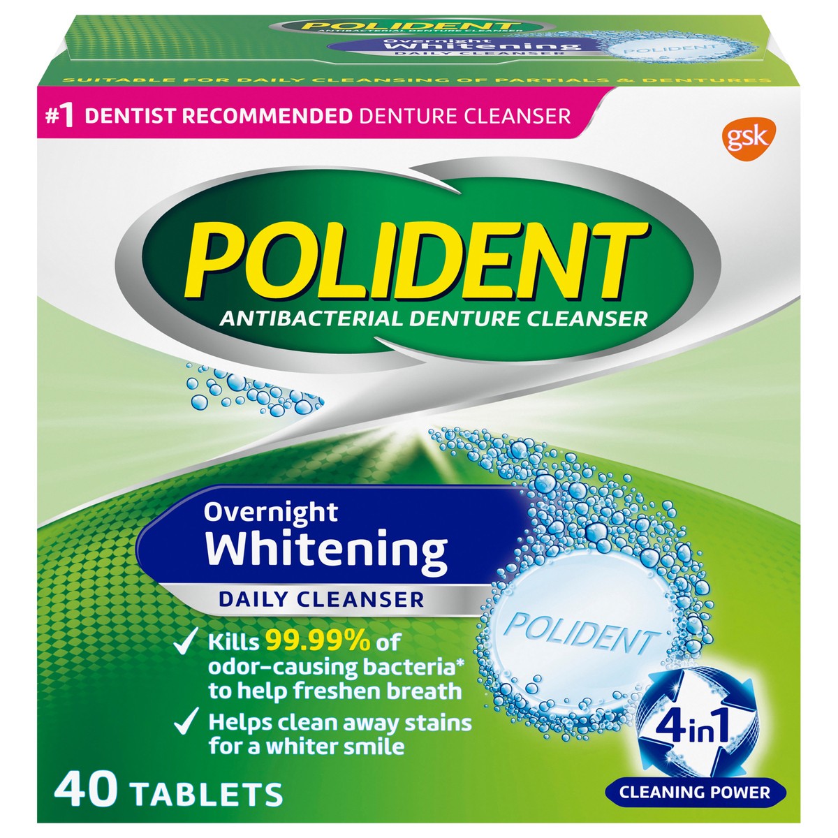 slide 1 of 10, Polident Overnight Whitening Denture Cleanser Tablets - 40 Count, 40 ct