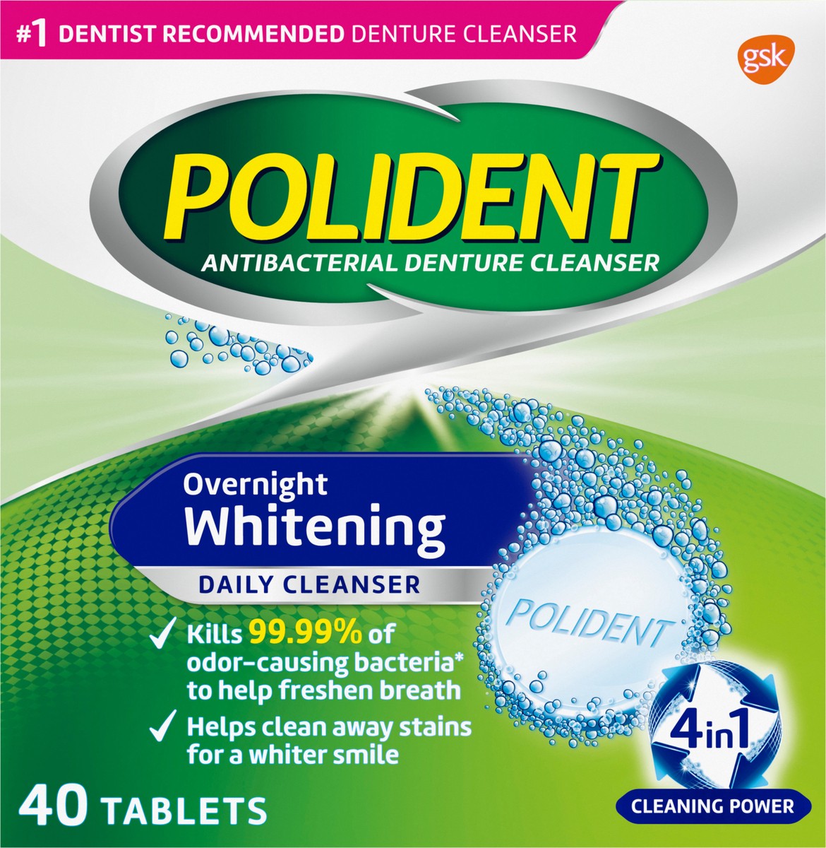 slide 5 of 10, Polident Overnight Whitening Antibacterial Denture Cleanser Effervescent Tablets, 40 count, 40 ct