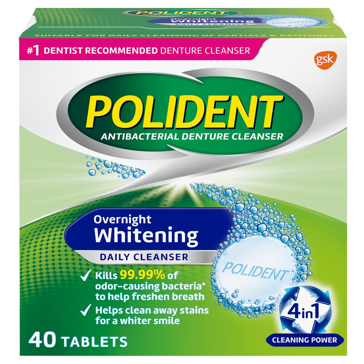 slide 1 of 10, Polident Overnight Whitening Antibacterial Denture Cleanser Effervescent Tablets, 40 count, 40 ct