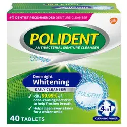Polident Overnight Whitening Antibacterial Denture Cleanser Effervescent Tablets, 40 count