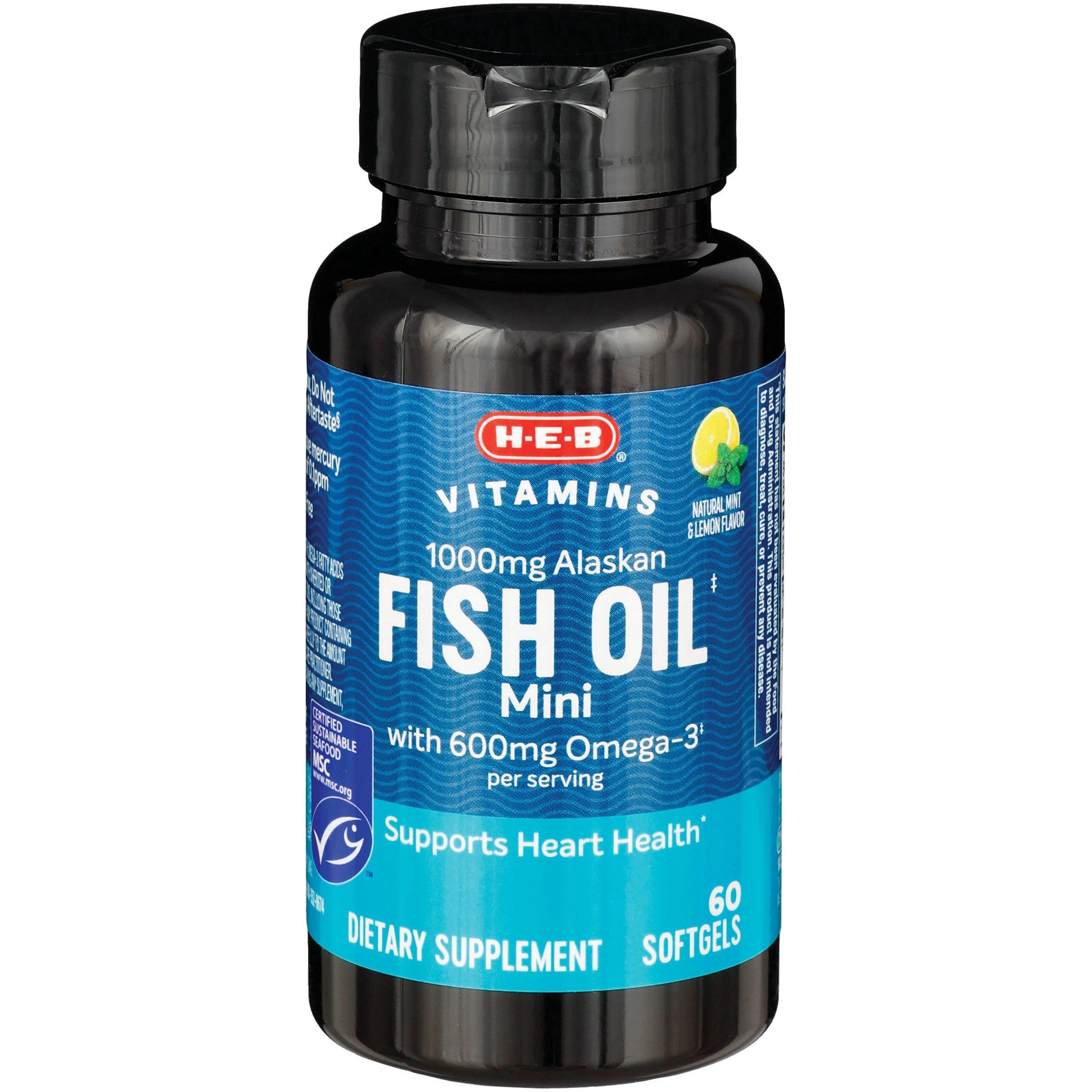 slide 1 of 1, H-E-B Vitamins Fish Oil Mini with Omega 3 Mint & Lemon Flavor Softgels, 60 ct