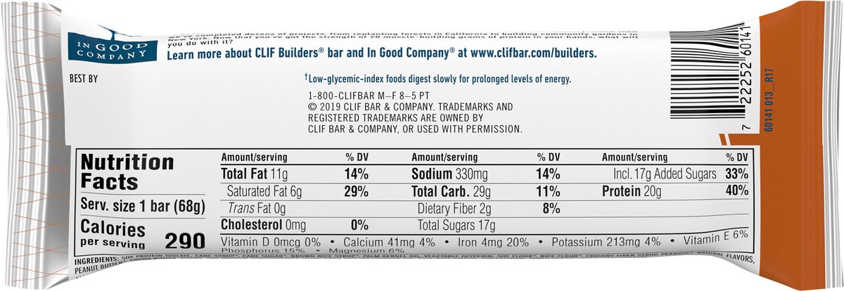 slide 7 of 12, CLIF Builders - Chocolate Peanut Butter Flavor - Protein Bar - Gluten-Free - Non-GMO - Low Glycemic - 20g Protein - 2.4 oz., 2.03 oz