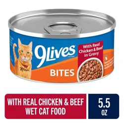 9Lives Bites Wet Cat Food With Real Chicken & Beef in Gravy, 5.5 oz Can